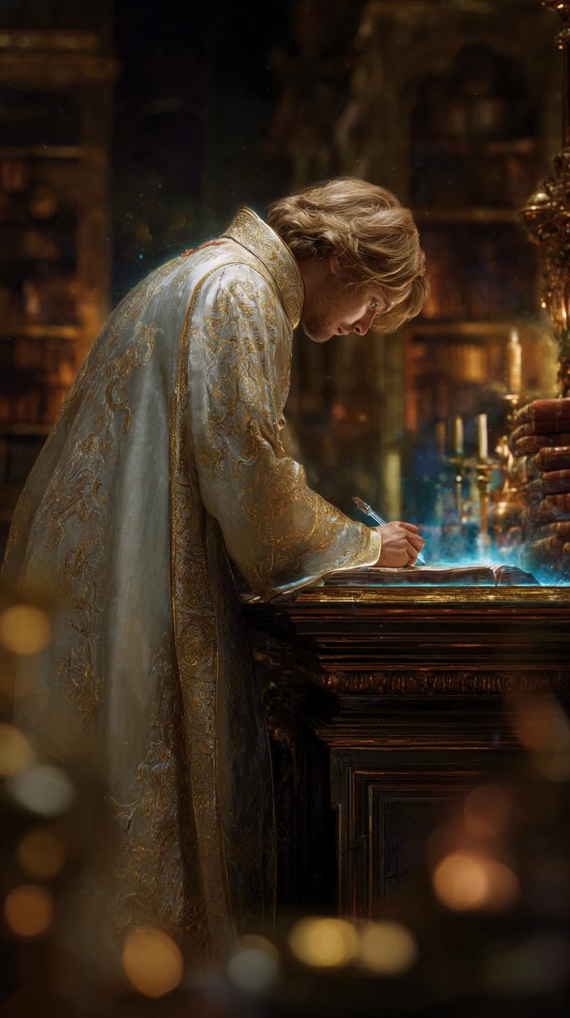 Uczony przy biurku w złotej bibliotece - symbol refleksji